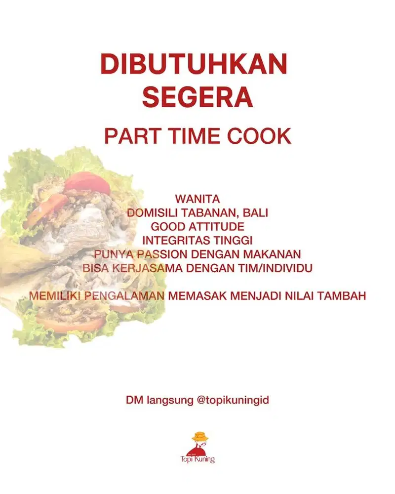 DIBUTUHKAN SEGERA PART TIME COOK