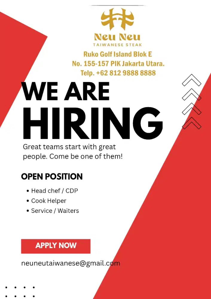 Dibutuhkan segera Head chef/ CDP / Cook Helper/ waiters/ service