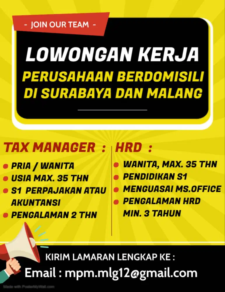 Dibutuhkan Segera Tax Manager (Pajak) dan HRD di Surabaya / Malang