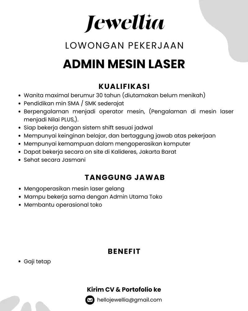 KHUSUS UNTUK PEREMPUAN DIBUKA LOKER OPERATOR MESIN LASER
