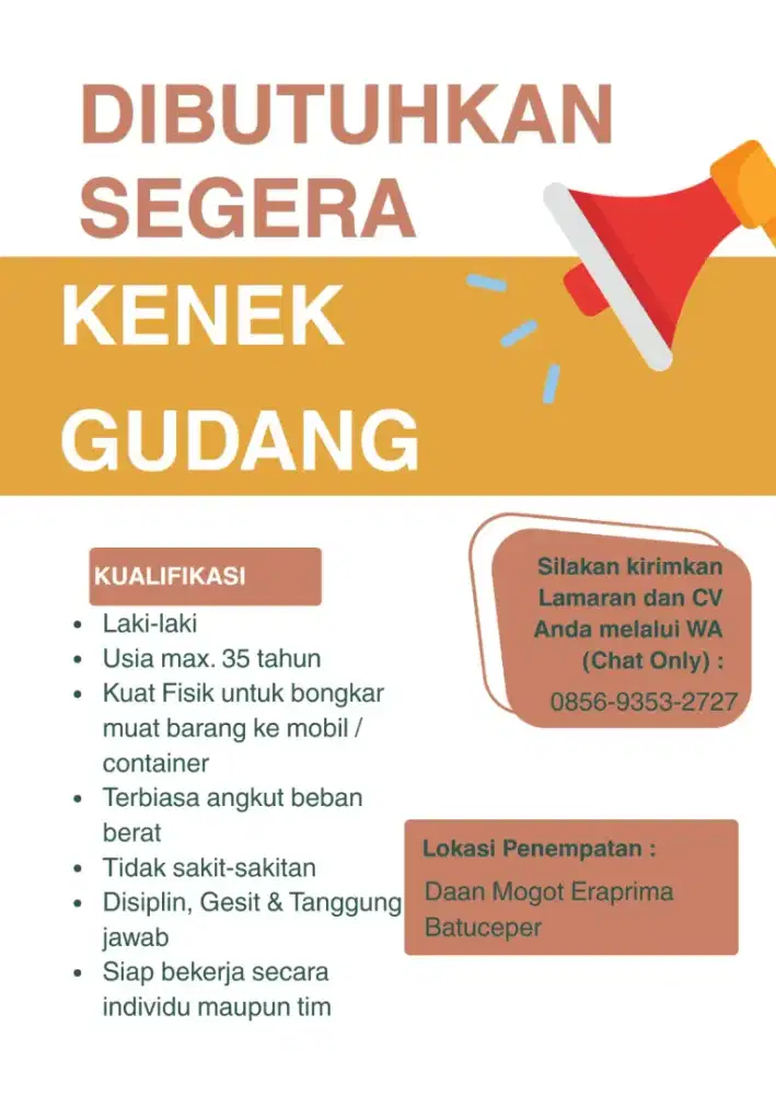 DIBUTUHKAN SEGERA KENEK GUDANG