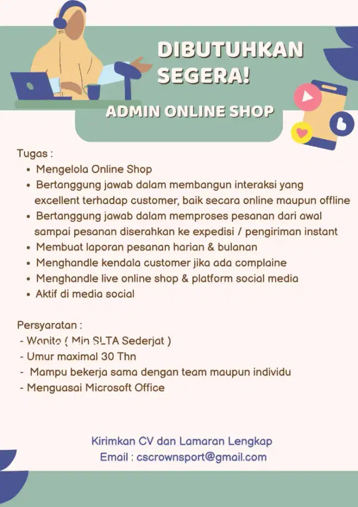 Lowongan kerja accounting dan Admin online shop