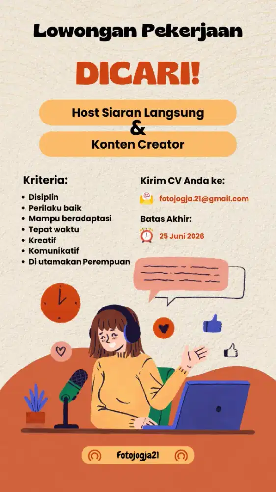 Lowongan kerja sebagai Live streamer dan konten kreator