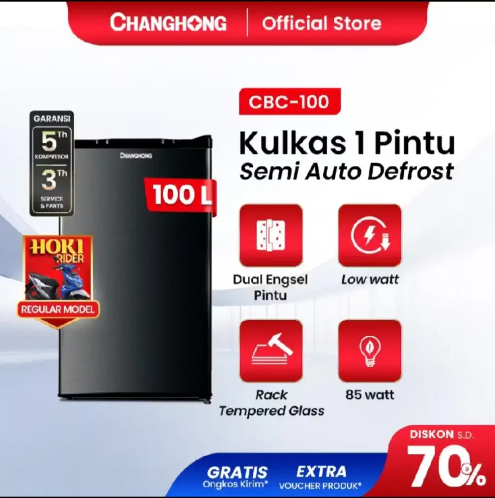 Kulkas Changhong bekas 1 th. (Garansi 5 tahun)