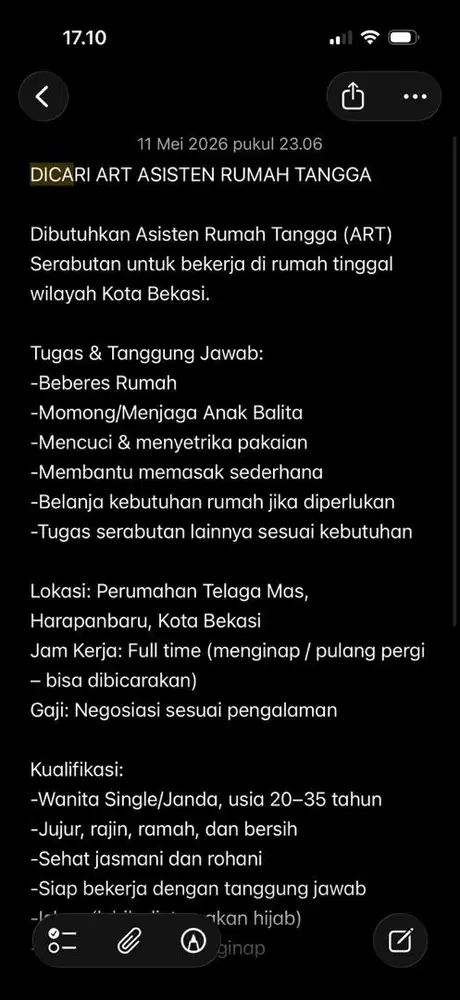 DICARI ART ASISTEN RUMAH TANGGA