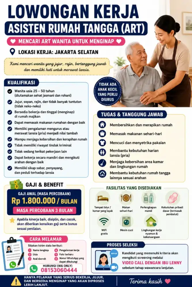 LOWONGAN KERJA – ASISTEN RUMAH TANGGA (ART) MENGINAP