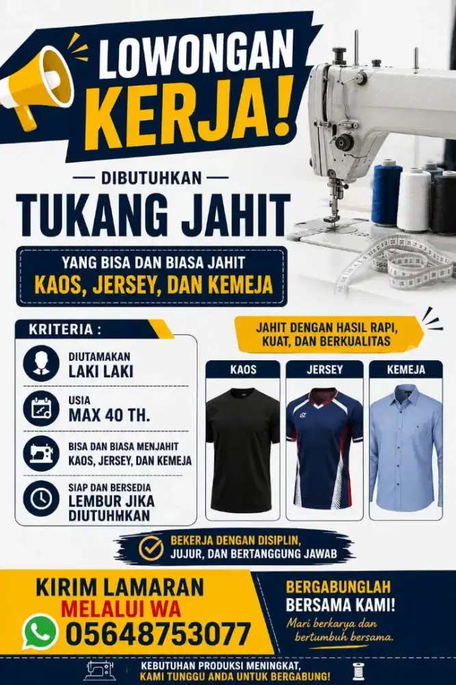 Dibutuhkan Segera PENJAHIT BERPENGALAMAN
