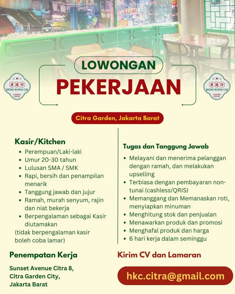 Lowongan Kerja Kasir/Kitchen Hong Kong Cai Citra 8