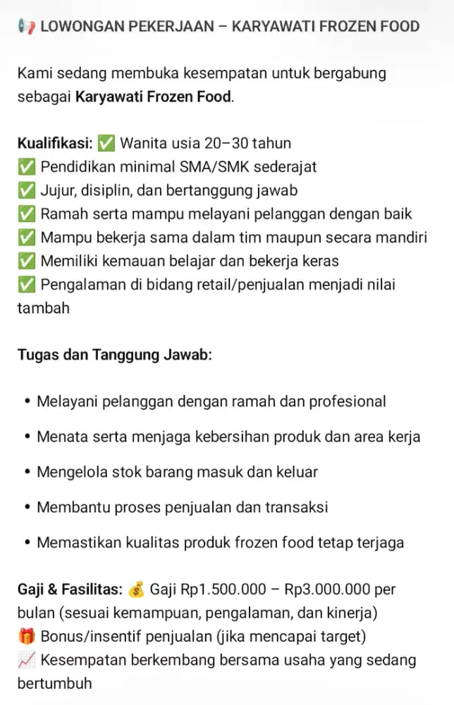 Loker Jaga Toko Frozen Food