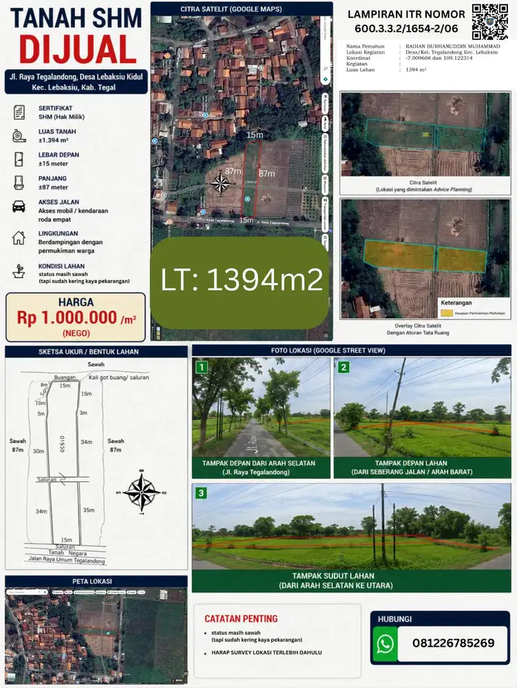 Dijual Cepat: Tanah SHM Strategis BELAKANG ALUN ALUN SLAWI