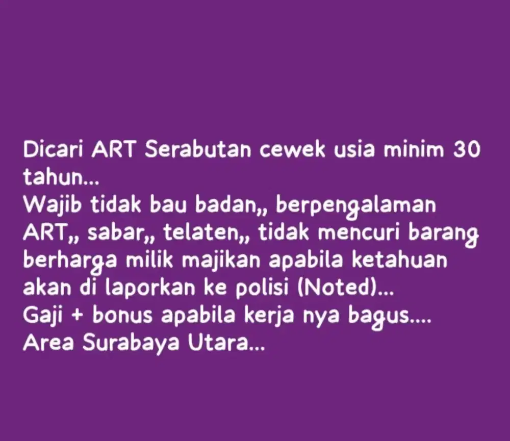 Dicari Cepat ART Serabutan Cewek