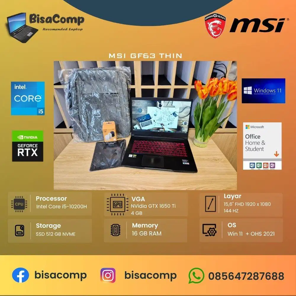 MSi GF63 Thin Core i5 10th Gen SSD 512gb Ram 16gb 15,6inchFHD VGA 4gb