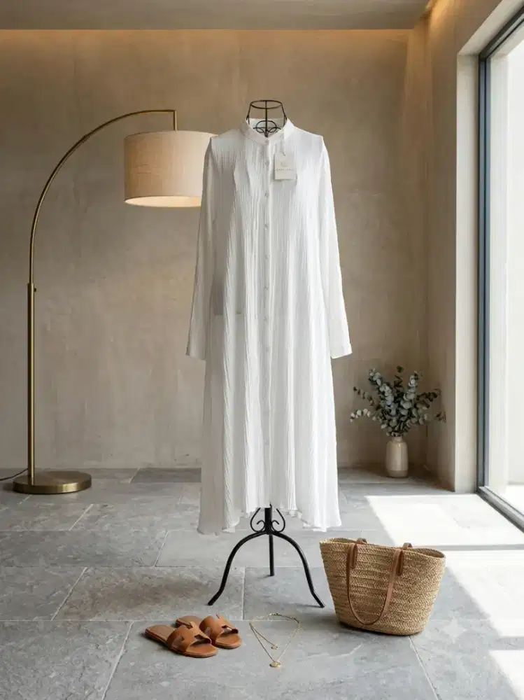 dress putih bertekstur crinkle yang ringan dan mengalir.