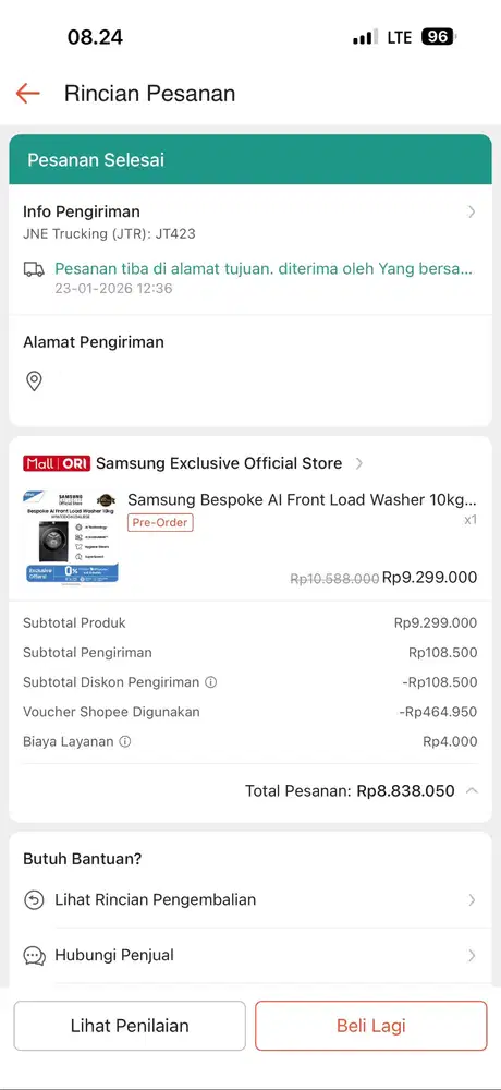 Mesin Cuci Samsung Bespoke AI Front Load Washer 10kg - WW10DG6U34LBSE