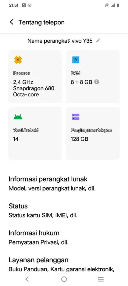 Vivo y35, ram 8/128. Masih orian.