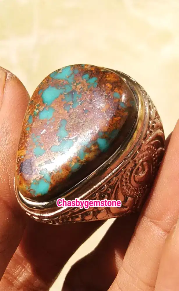 Cincin Batu Pirus Persia serat kura-Pirus Persia serat kura lawasan
