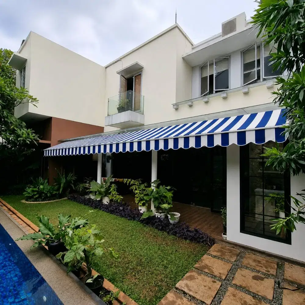 kanopi kain awning belang biru putih murah bergaransi gratis survei