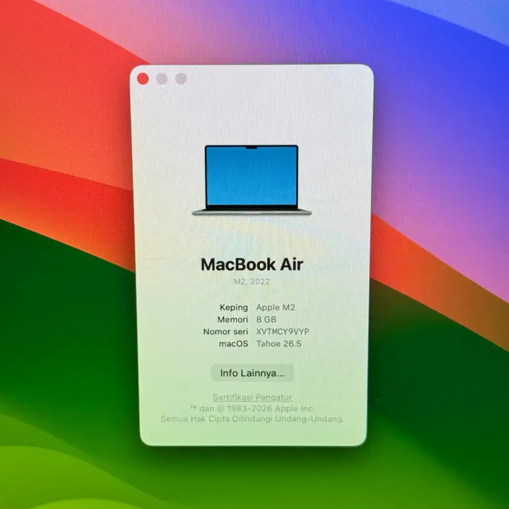Macbook Air M2 13 Inch Ram 8 Ssd 256 lengkap full set Grey buat desain