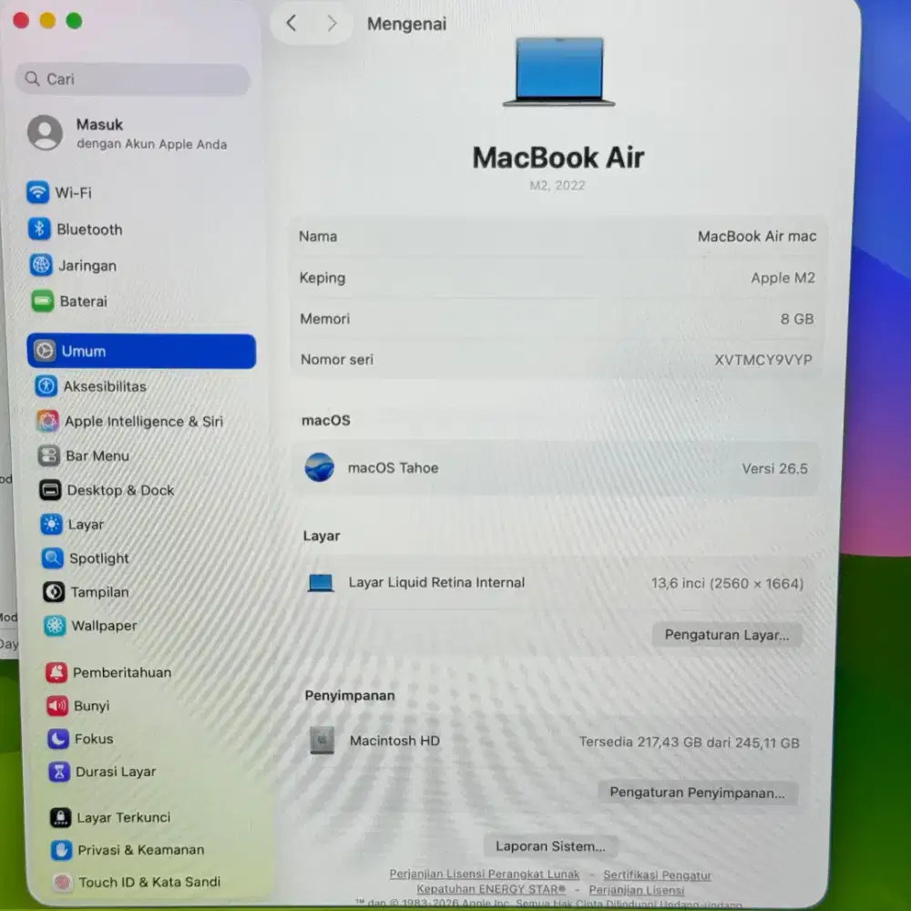 Macbook Air M2 13 Inch Ram 8 Ssd 256 lengkap full set Grey buat desain