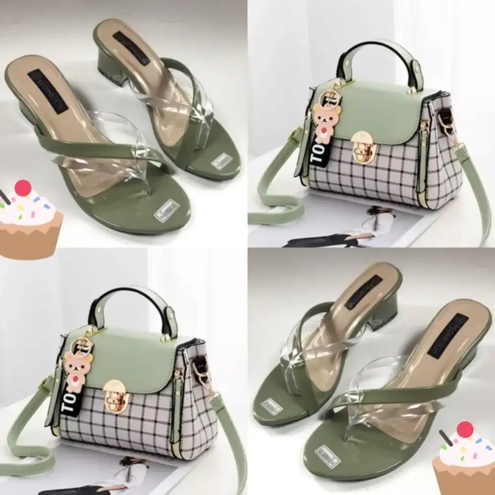 Promo !! Satu Set Tas Square Fashion Wanita & Sandal Hak Tinggi 5cm