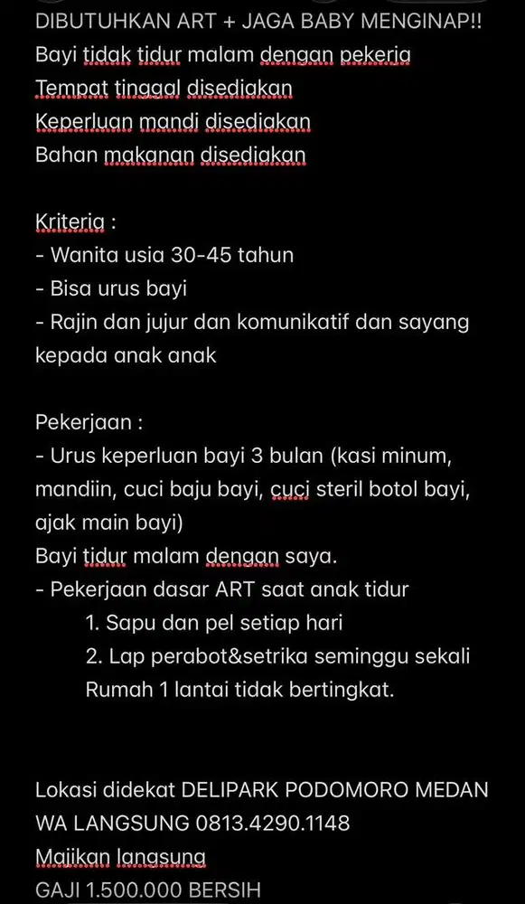 DIBUTUHKAN ART + JAGA BABY MENGINAP!!