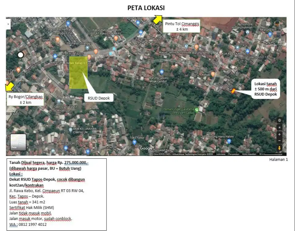 Dijual Murah Tanah di Tapos Depok