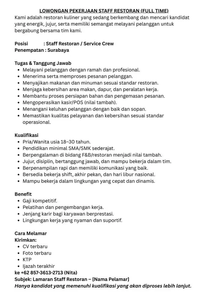 Lowongan Pekerjaan Staff Restoran (Full Time)