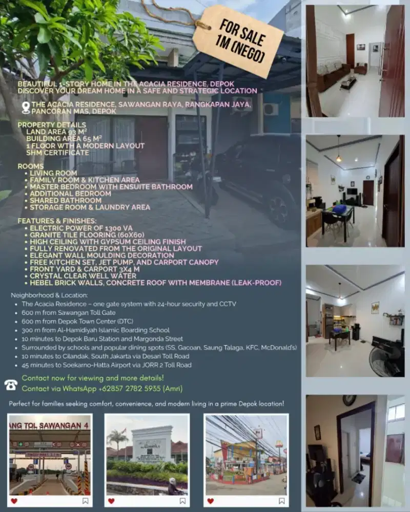 Rumah Strategis 1 Lantai 600m dari pintul tol Sawangan Depok