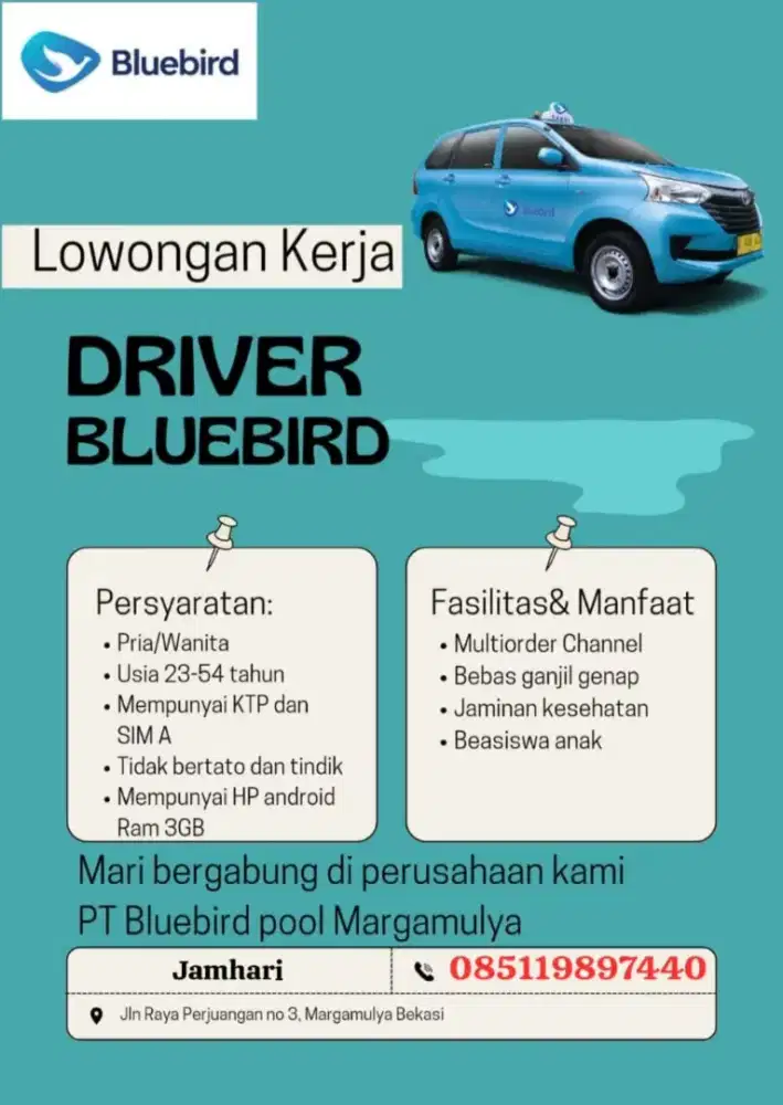 Loker Driver/supir/sopir/pengemudi Taksi Bluebird