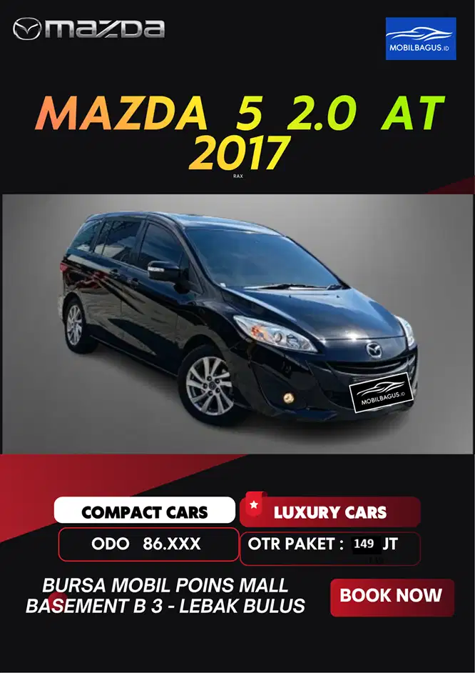 Mazda 5 2.0 MPV Metik 2017 Hitam NoPol Ganjil Dp mURAH