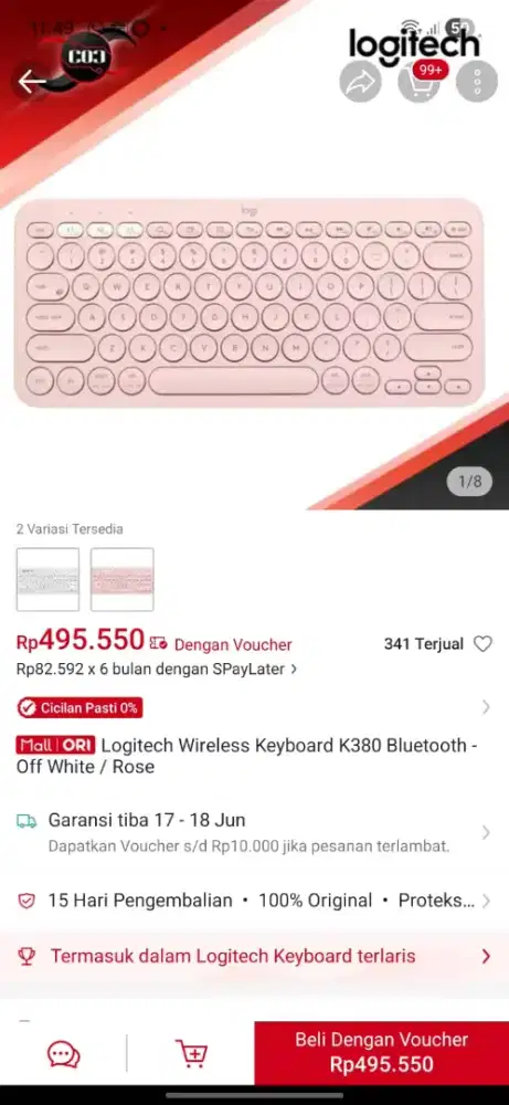 Logitech Wireless Keyboard K380 Bluetooth - Warna Rose
