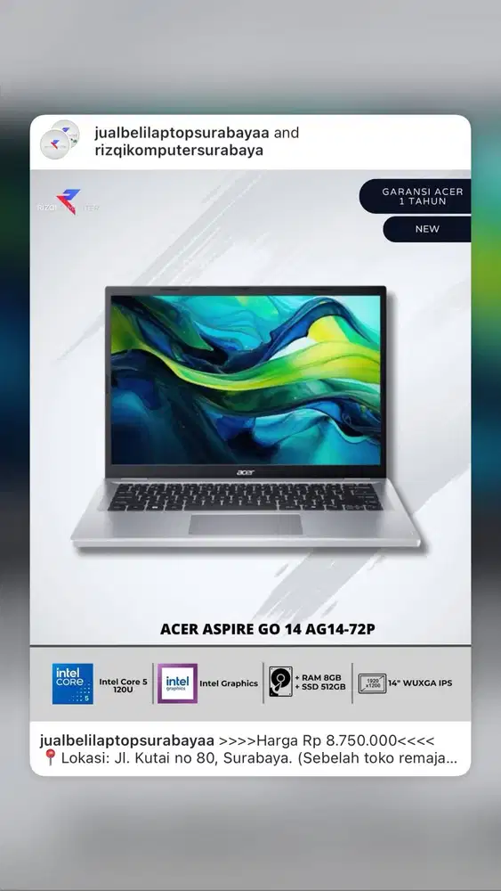 Acer Aspire Go 14 AG14-72P Intel Core 5 120U RAM 8GB SSD 512GB