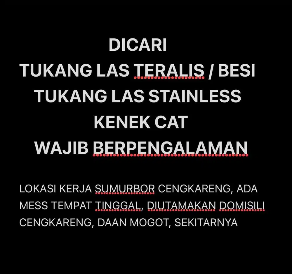 DICARI BUTUH TUKANG LAS BESI STAINLESS KENEK CAT BERPENGALAMAN