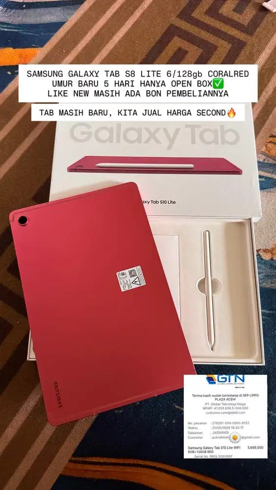 Samsung tab s10 lite 6+6/128gb baru lima hari pakai