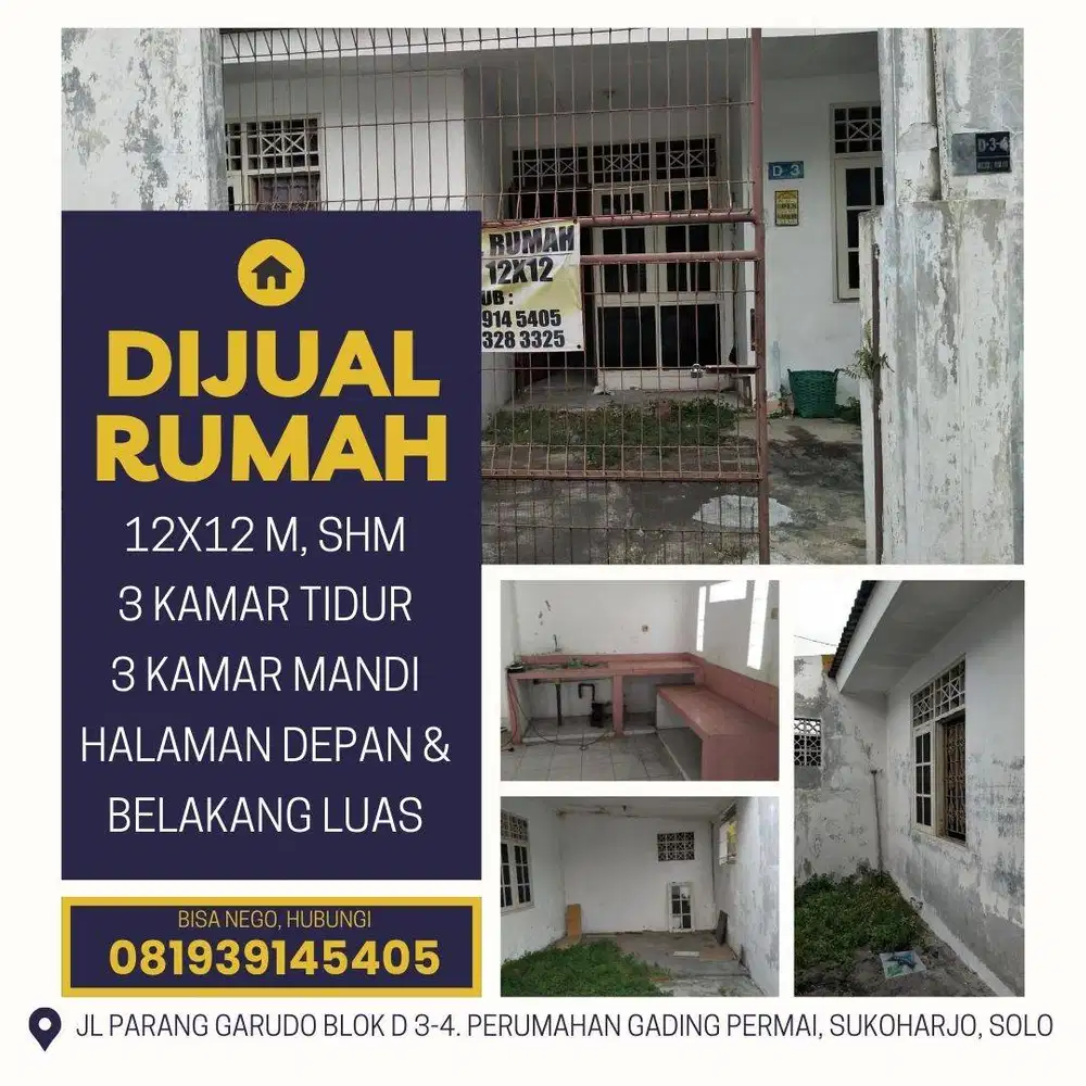 DIJUAL Rumah SHM 144 m² di Gading Permai Solo Baru, 3 KT, Harga Nego