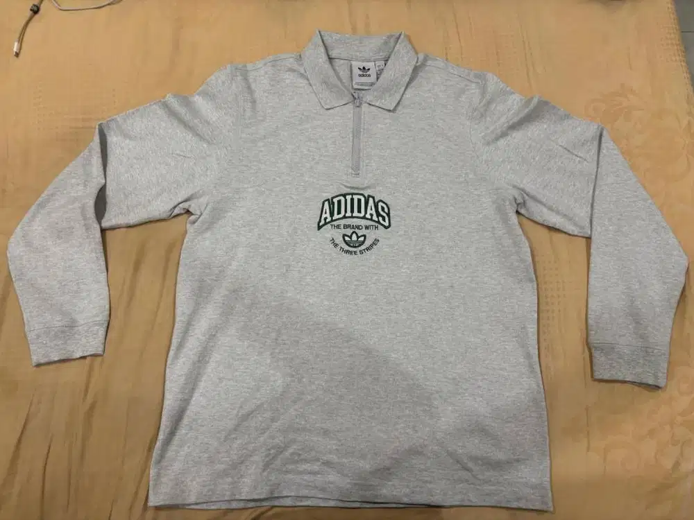 Baju Adidas Varsity Men's Long Sleeve Polo Shirt - Light Grey