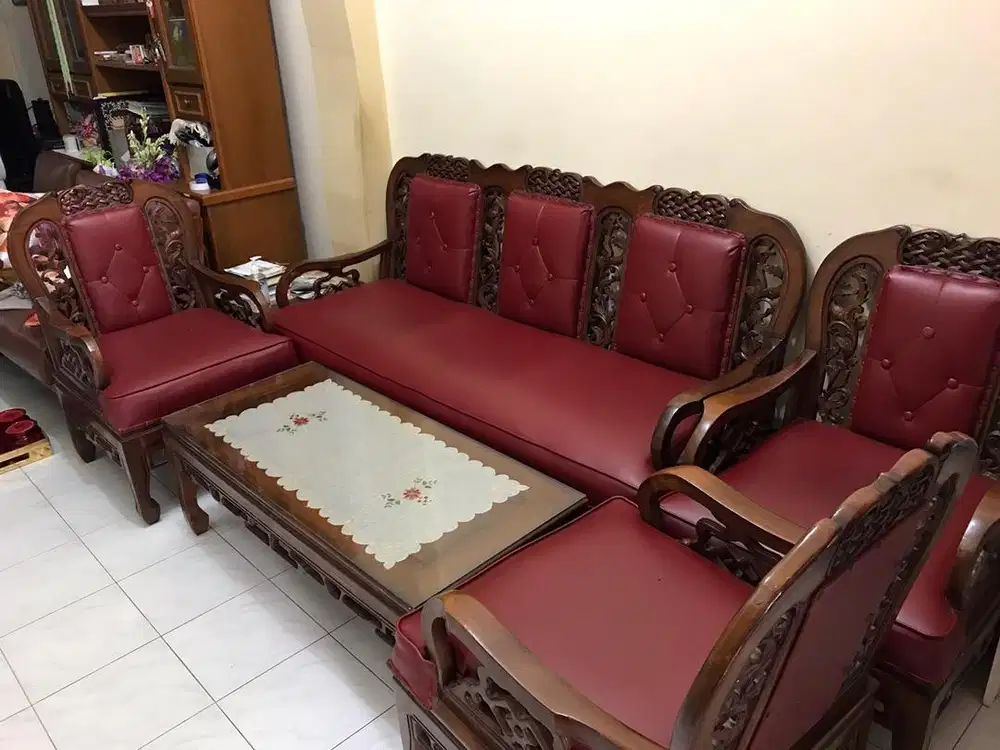 Set Kursi Tamu Jati Ukir Jepara 6 Dudukan Jok Merah - Sleman