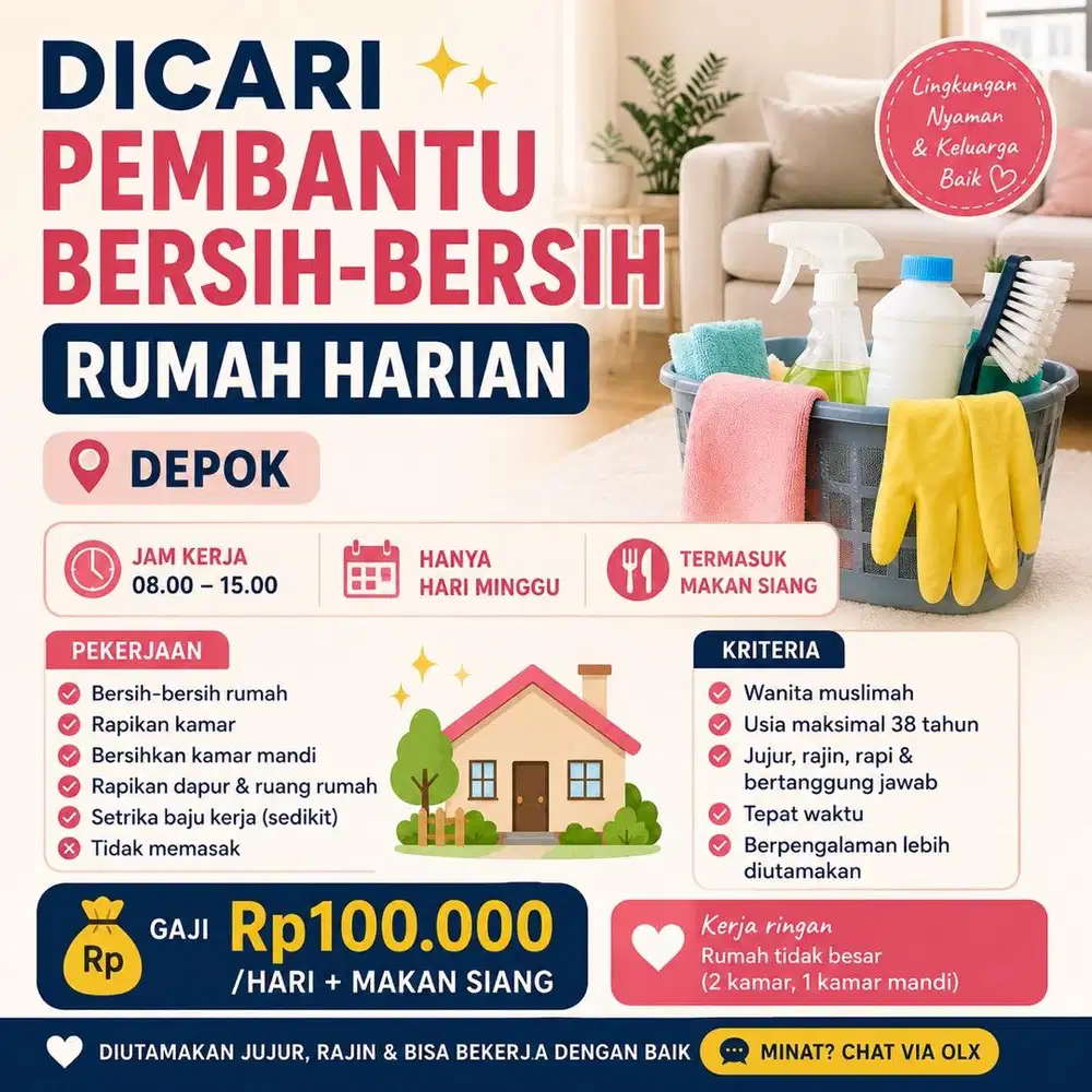 DICARI PEMBANTU BERSIH-BERSIH RUMAH HARIAN DAERAH DEPOK