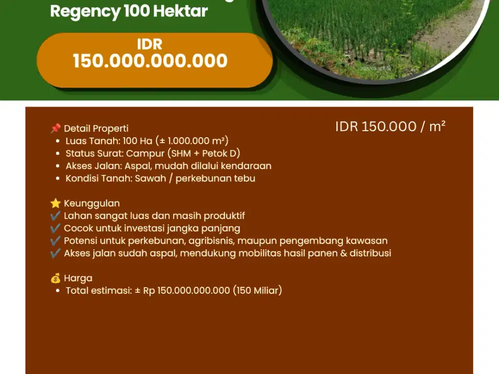 DIJUAL TANAH  POTENSIAL PERTANIAN & INVESTASI Kesamben – Jombang Regency 100 Hektar