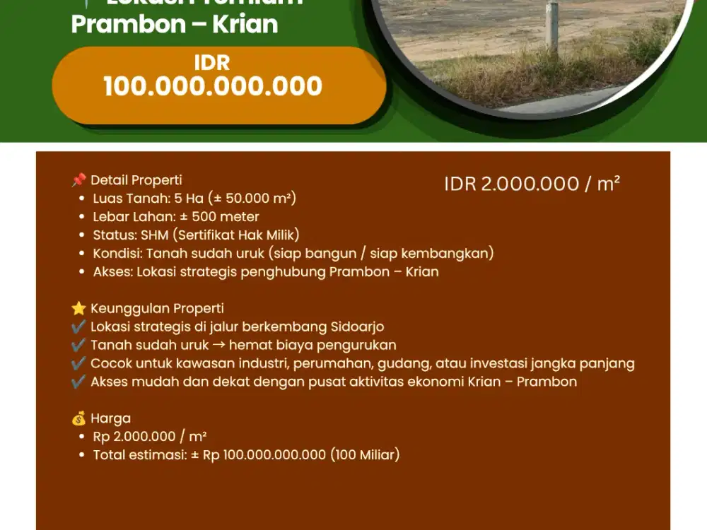 DIJUAL TANAH PRAMBON  KRIAN (SIAP URUG)  50 Hektar