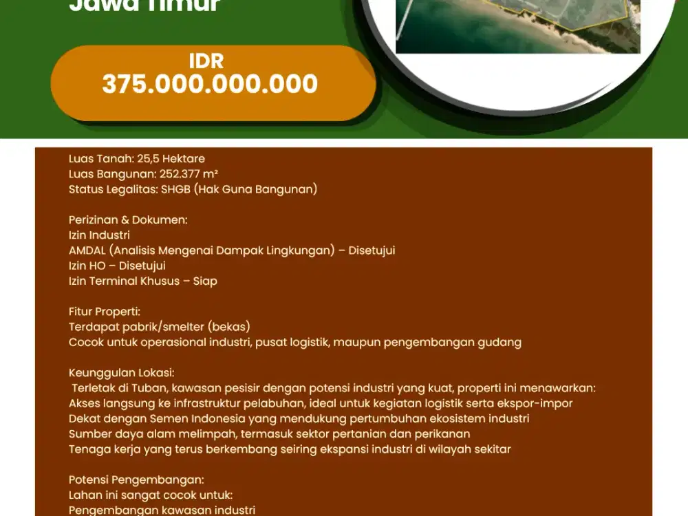 Dijual  Lahan Industri Jenu - Tuban 25,5 HA  Jawa Timur