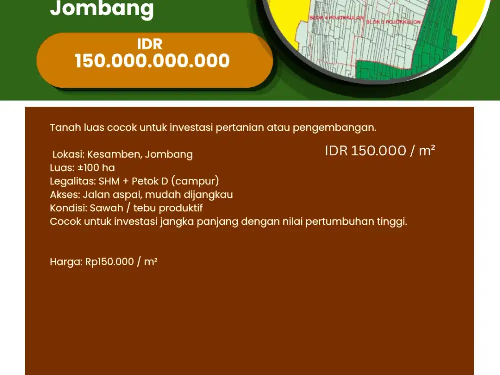 Dijual / For Sale Tanah Strategis  Kesamben Jombang 100 Hektar