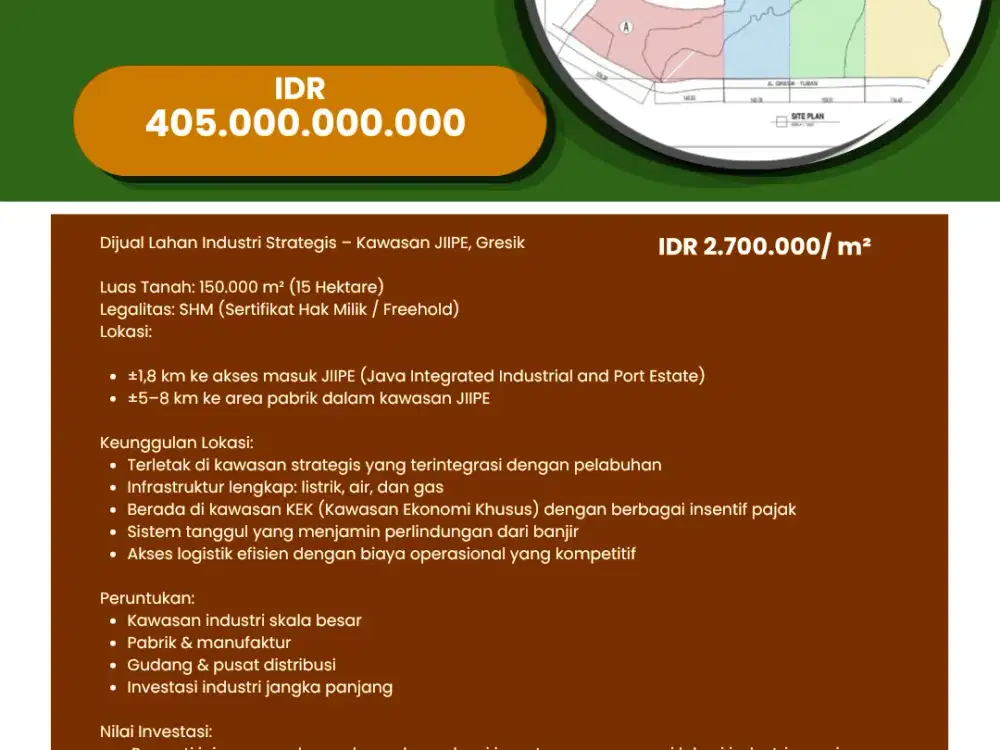Dijual  lahan  15 Hektar Gresik Jawa Timur