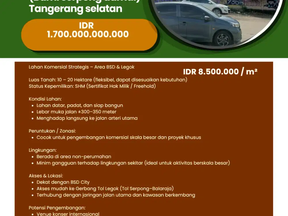 Dijual / For  Sale lahan 20 Hektar Jatake Pagedangan BSD (Bumi serpong damai) Tangerang selatan