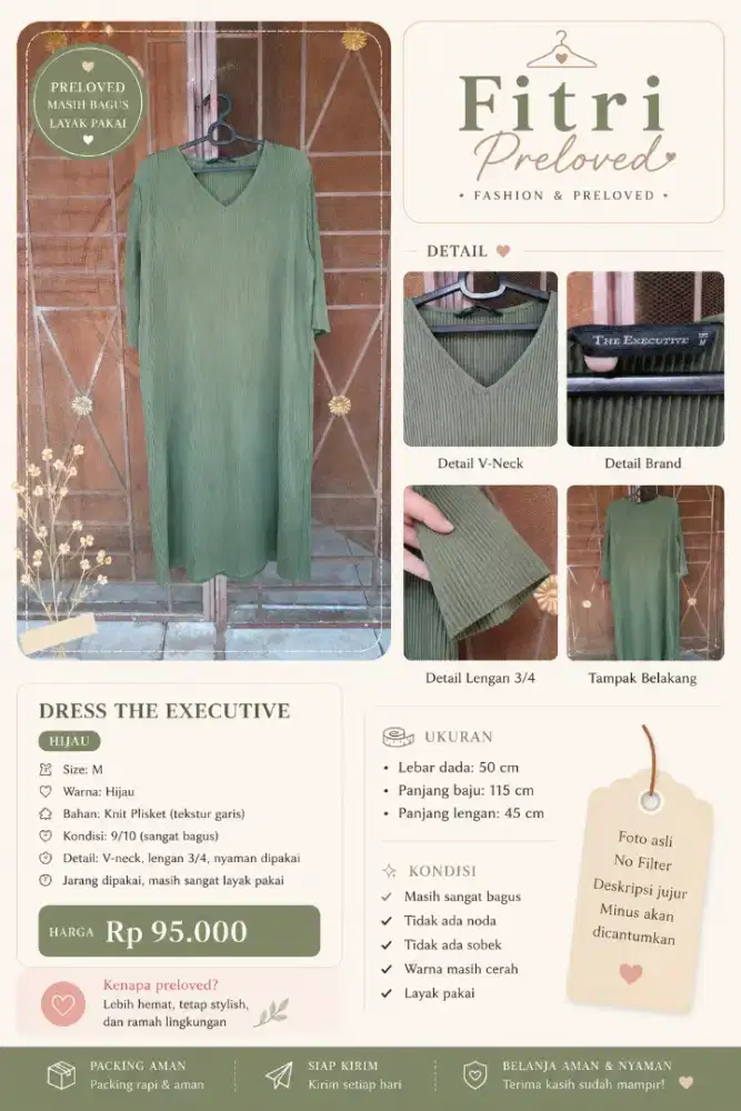 Dress The Executive Hijau Plisket V-Neck Size M Kondisi 9/10