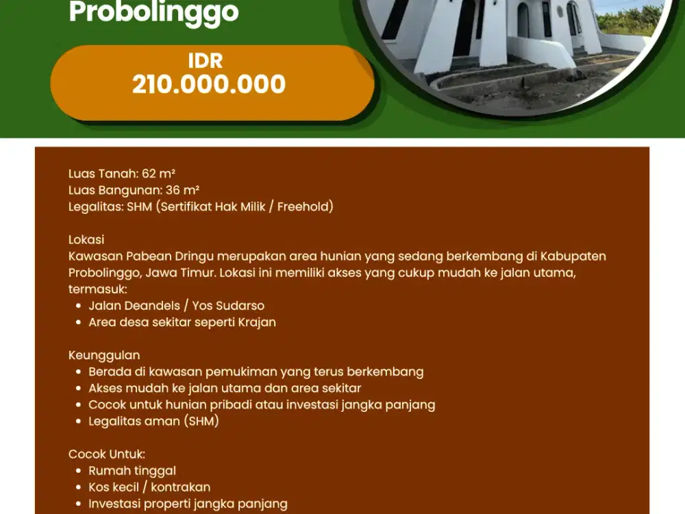 Dijual Rumah Cluster Edena Pabean - Dringu Probolinggo