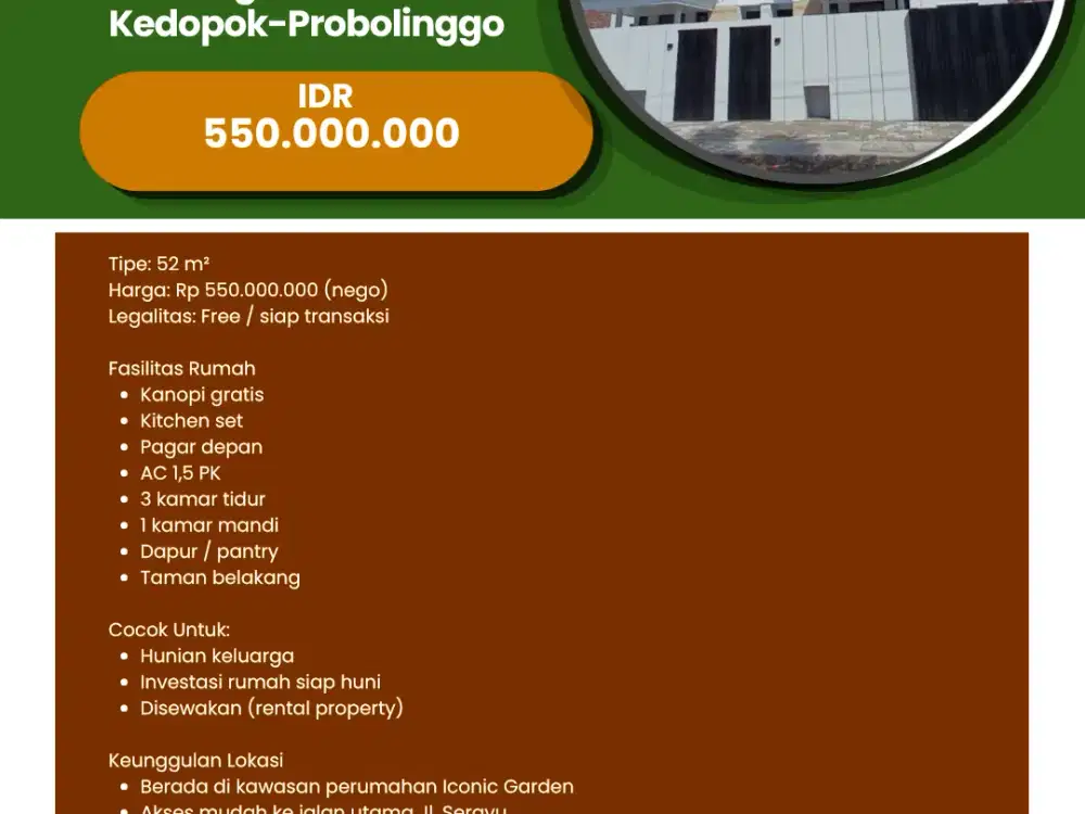 Dijual Rumah Iconic garden Jl. Serayu Jrebeng Kulon Kedopok-Probolinggo