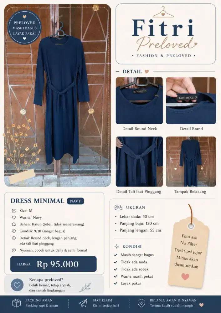 Dress Minimal Navy Size M Lengan Panjang Dengan Tali Pinggang 9/10