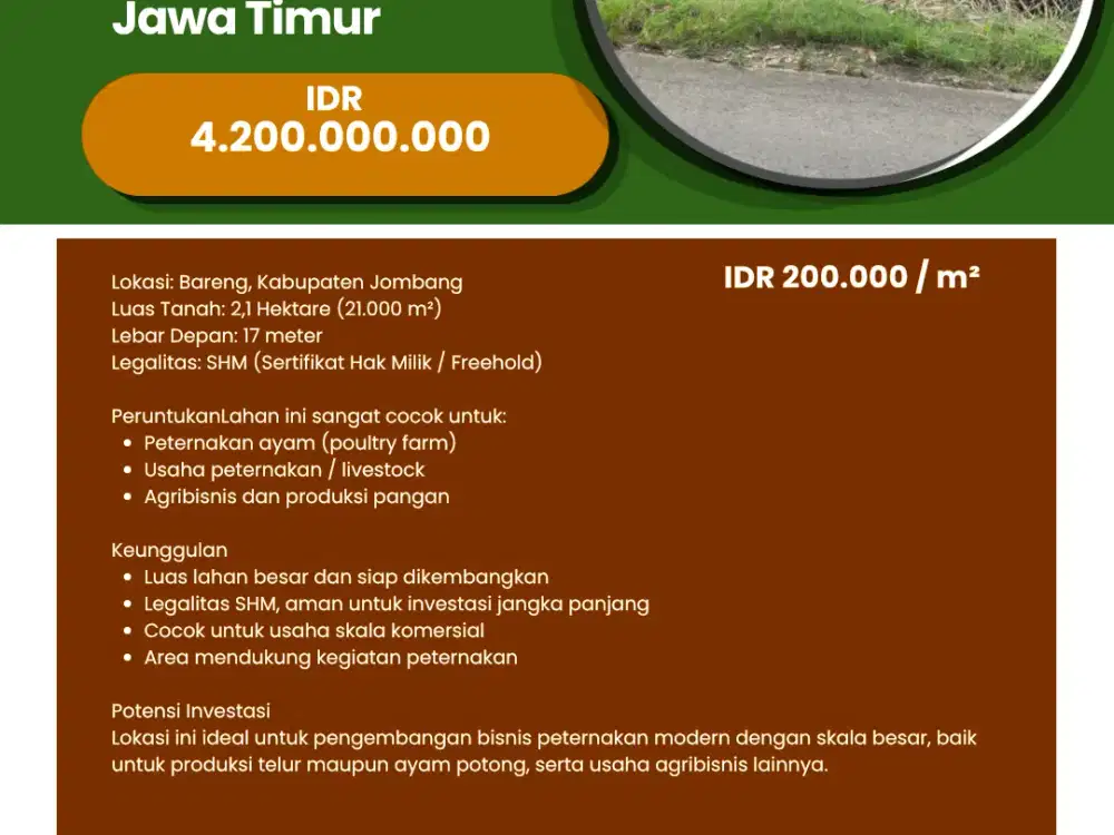 Dijual / For Sale Lahan  2.1 Hektar Bareng Jombang Jawa Timur