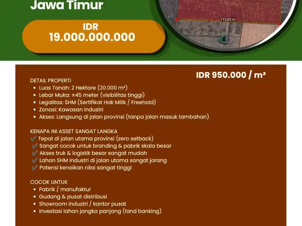 Dijual  / For Sale Tanah 2 Ha Kabuh Jombang  Jawa Timur